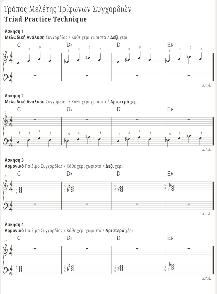 Άσκηση για τρίφωνες συγχορδίες στο πιάνο
