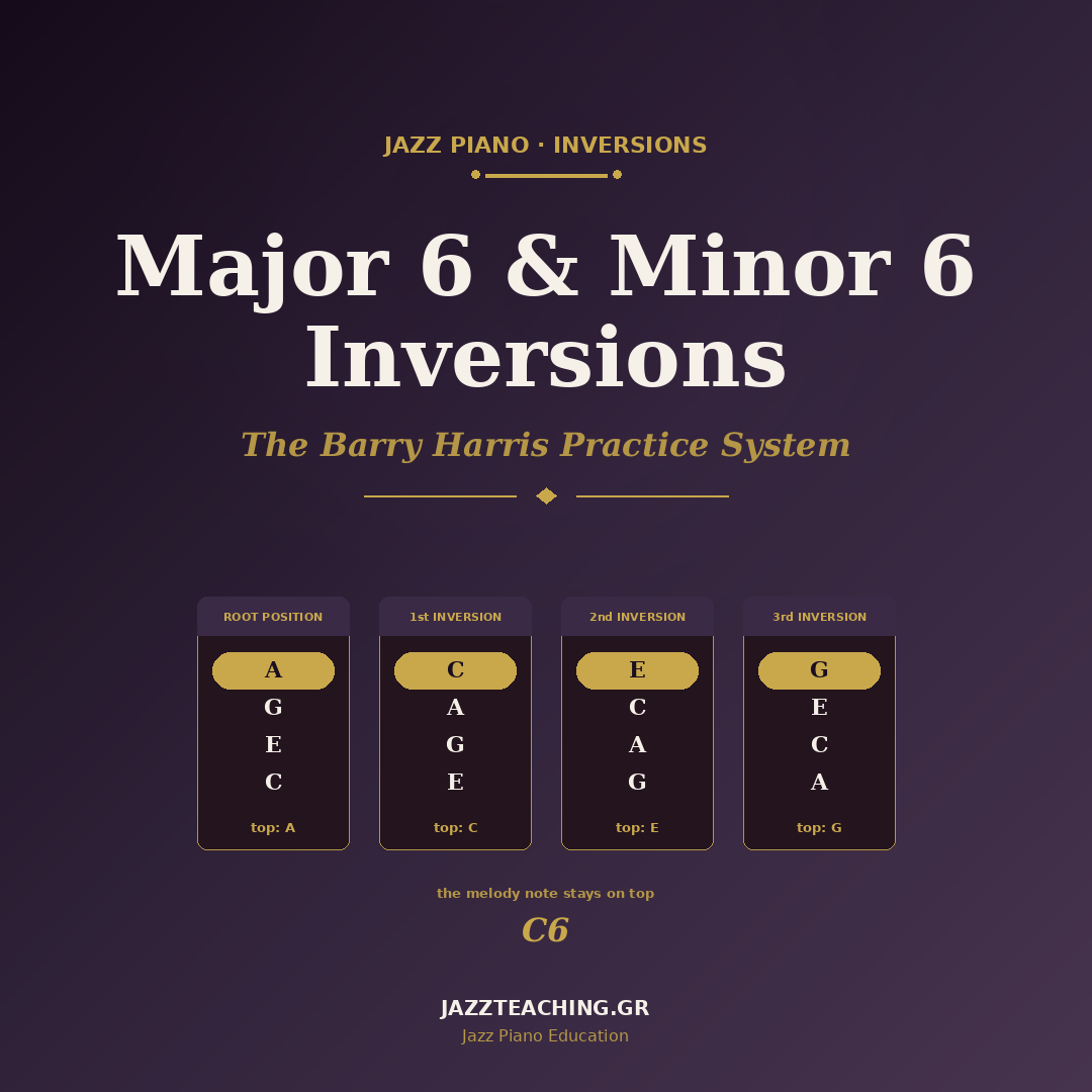 Barry Harris Inversions — the 4 positions of Major 6 and Minor 6 for jazz piano