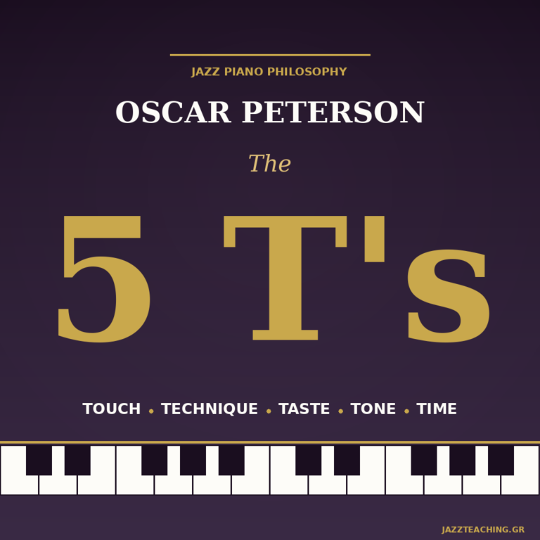 Oscar Peterson 5 T's — touch, technique, taste, tone, time in jazz piano